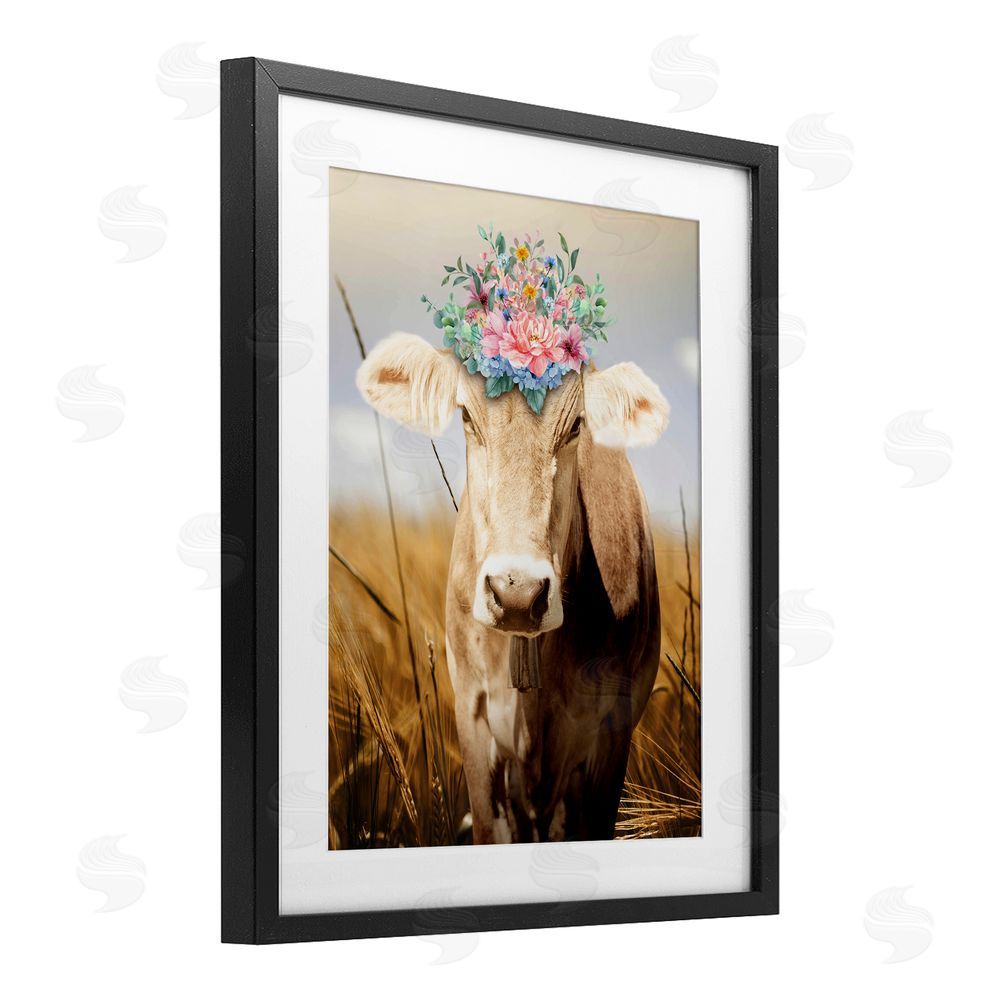 Marcus Prime Chatty Belle Cow with Florals Black Framed Print Under Glass Wall Art