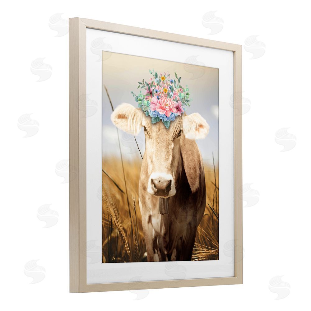Marcus Prime Chatty Belle Cow with Florals Birch Framed Print Under Glass Wall Art