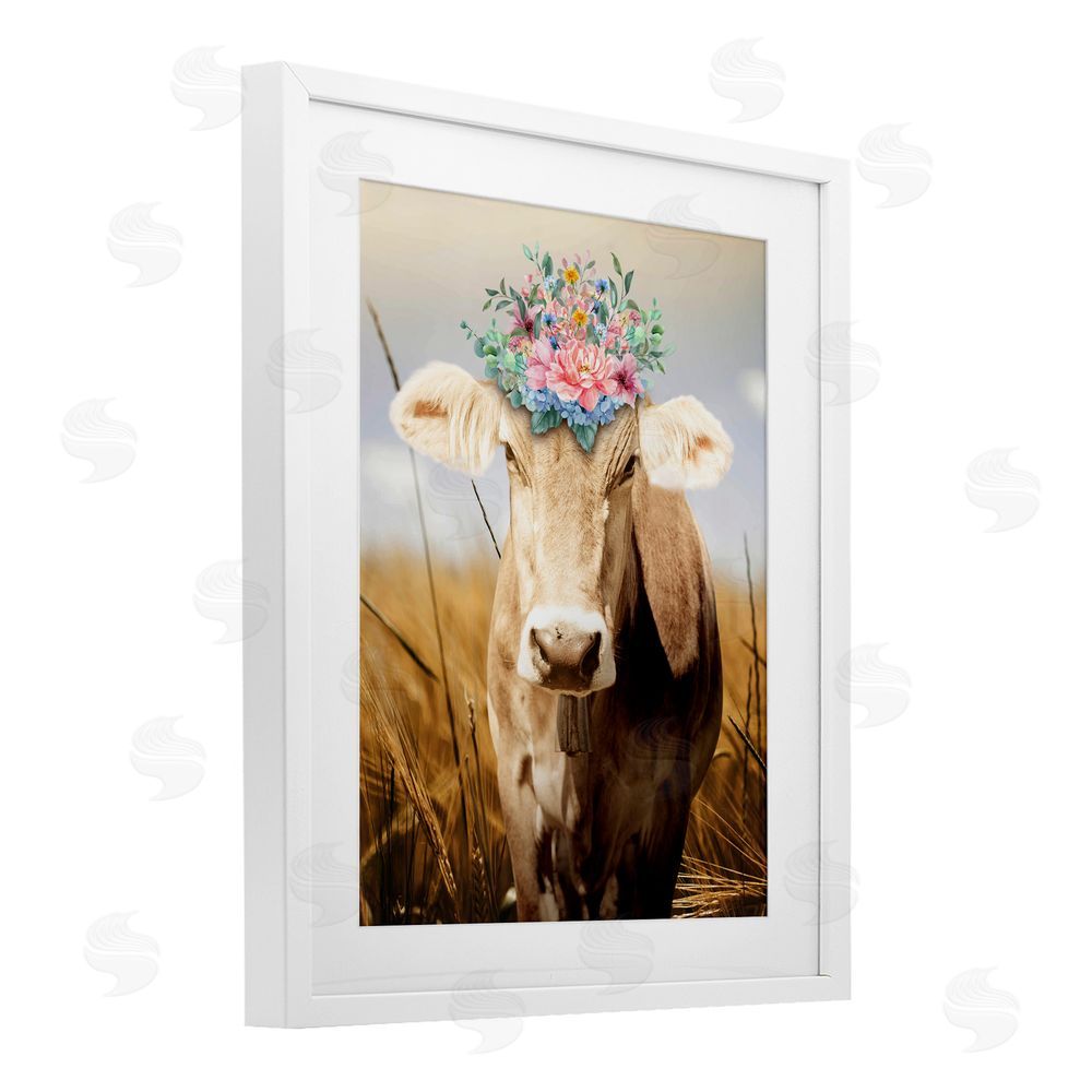 Marcus Prime Chatty Belle Cow with Florals White Framed Print Under Glass Wall Art