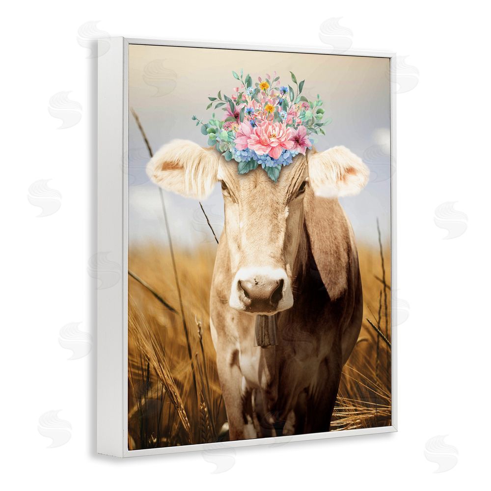 Marcus Prime Chatty Belle Cow with Florals White Framed Giclee Wall Art Print