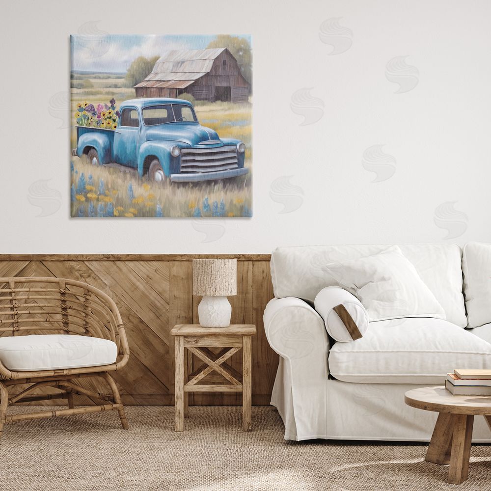 Kim Allen Flower Truck in Antique Blue Canvas Wall Art Print in Room