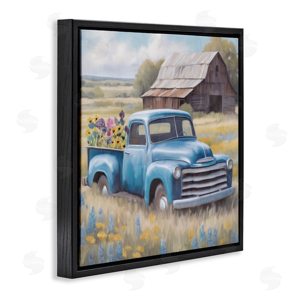 Kim Allen Flower Truck in Antique Blue Black Floating Frame Canvas Wall Art Print