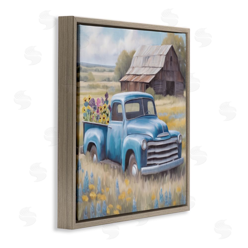 Kim Allen Flower Truck in Antique Blue Brown Floating Frame Canvas Wall Art Print