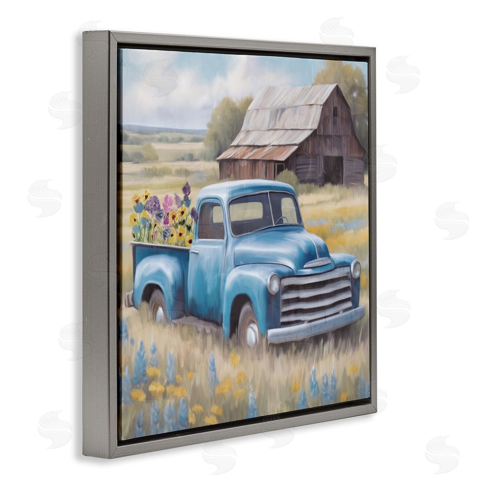 Kim Allen Flower Truck in Antique Blue Gray Floating Frame Canvas Wall Art Print