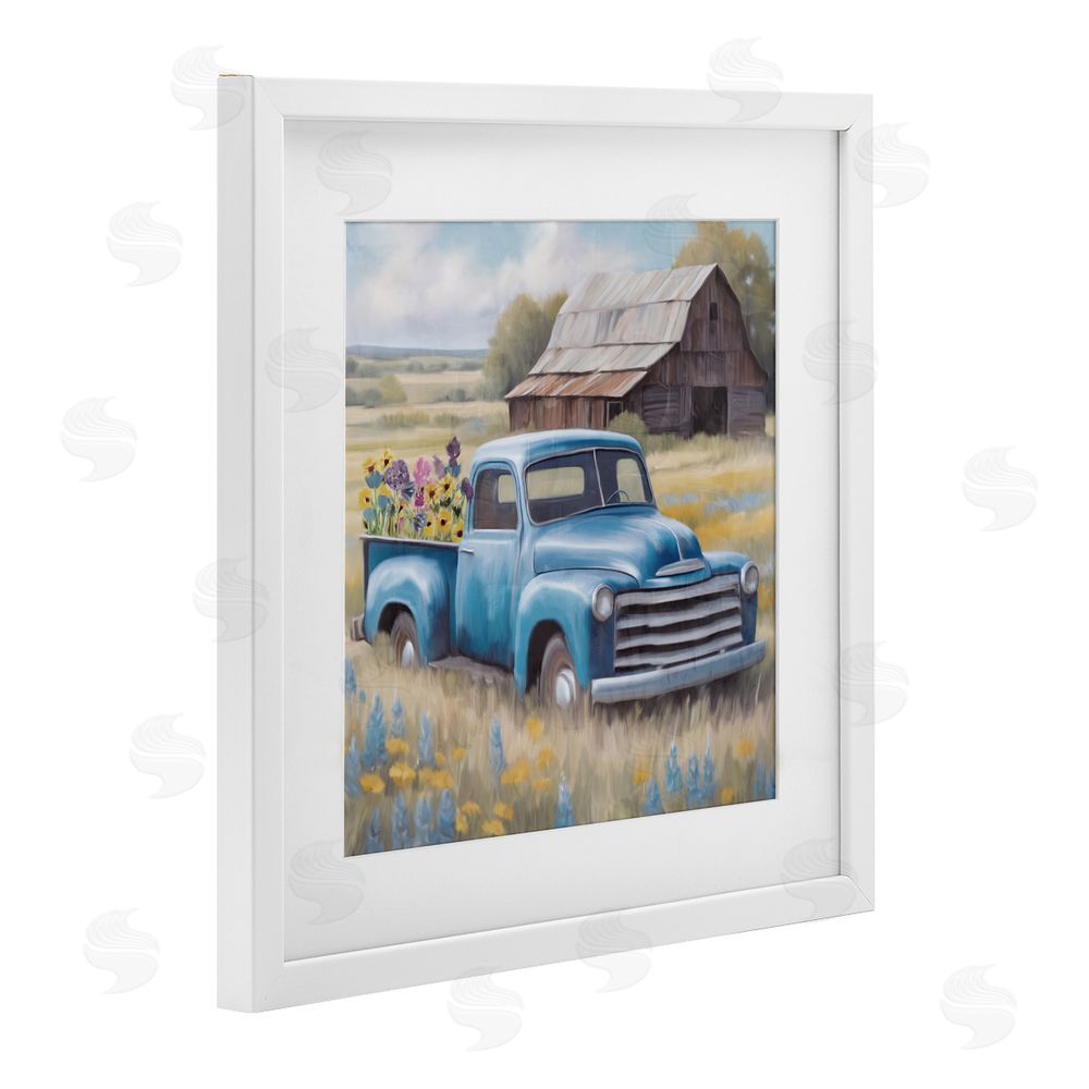 Kim Allen Flower Truck in Antique Blue White Framed Print Under Glass Wall Art
