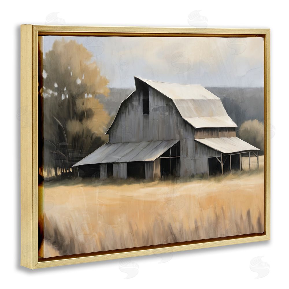 Kim Allen In The Field Farm Structure Gold Floating Frame Canvas Wall Art Print