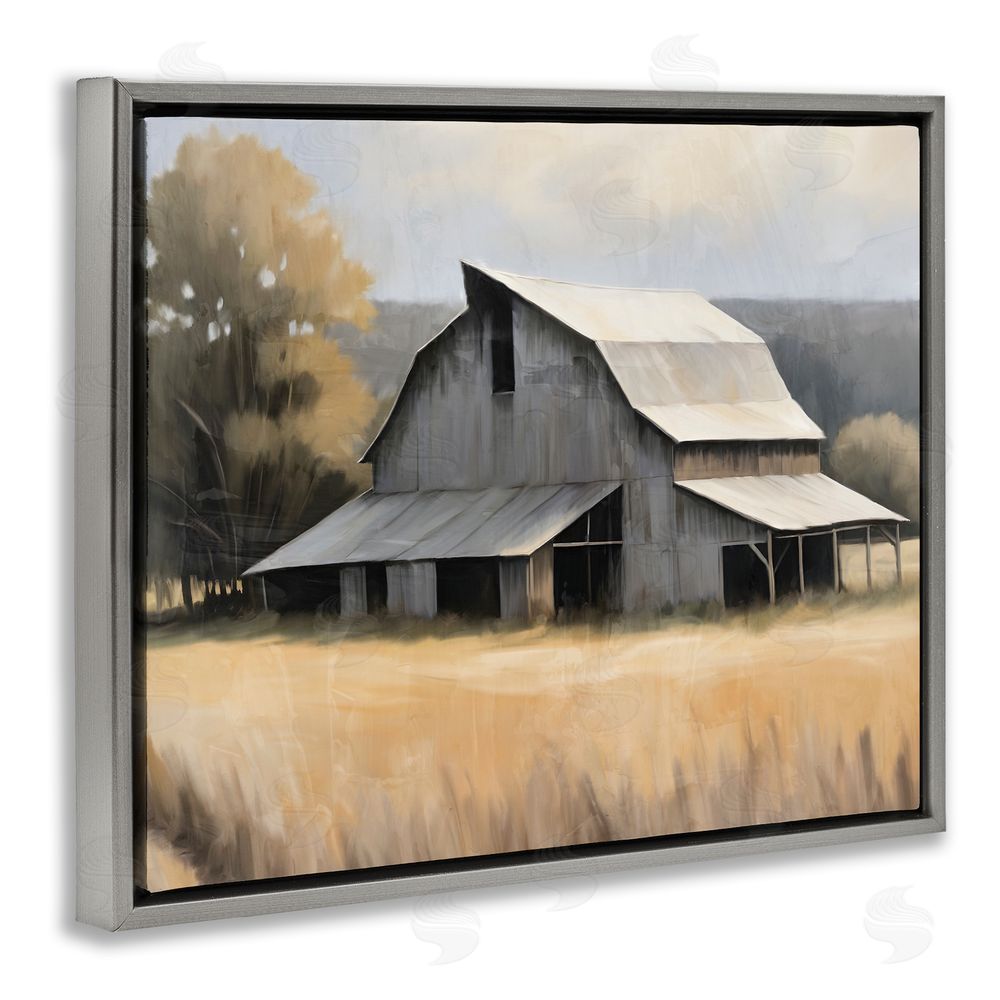 Kim Allen In The Field Farm Structure Gray Floating Frame Canvas Wall Art Print