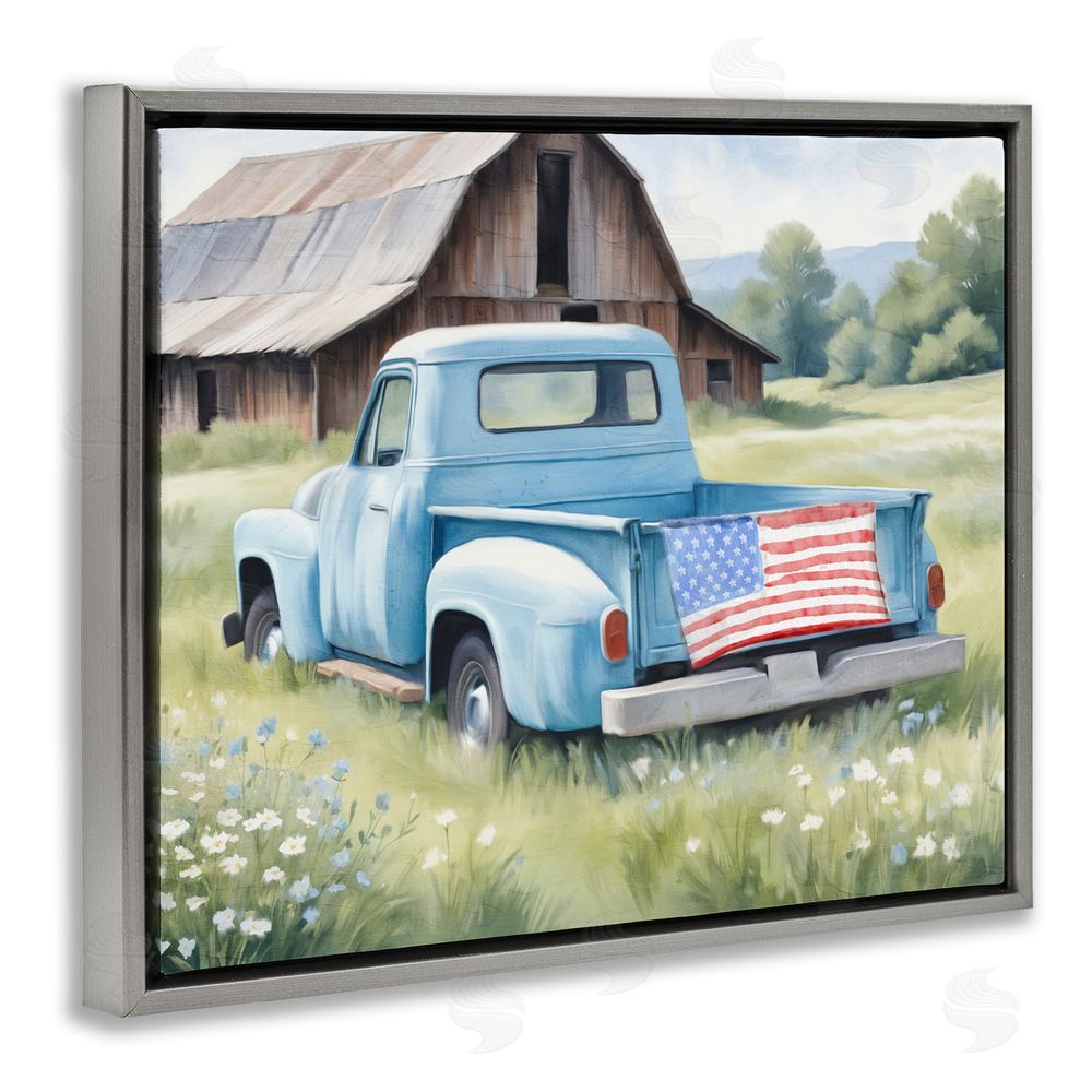 Kim Allen American Pride Truck on Farm Gray Floating Frame Canvas Wall Art Print
