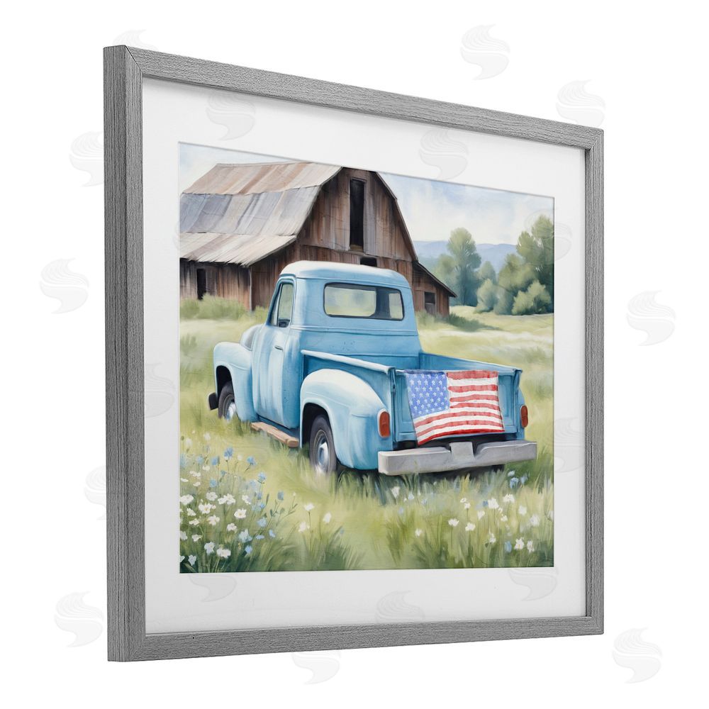 Kim Allen American Pride Truck on Farm Gray Framed Print Under Glass Wall Art