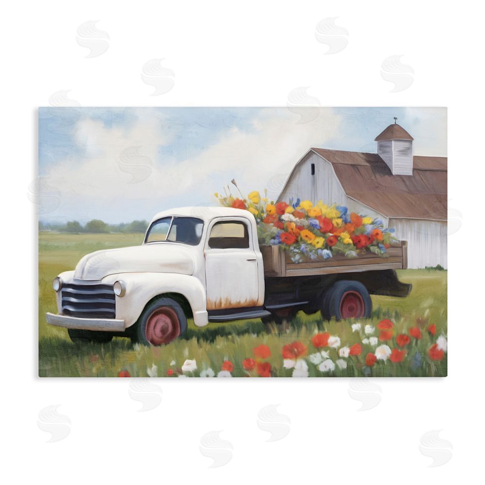 Kim Allen White Delivery Floral Truck Stretched Canvas Wall Art Print