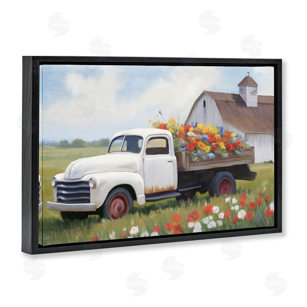 Kim Allen White Delivery Floral Truck Black Floating Frame Canvas Wall Art Print