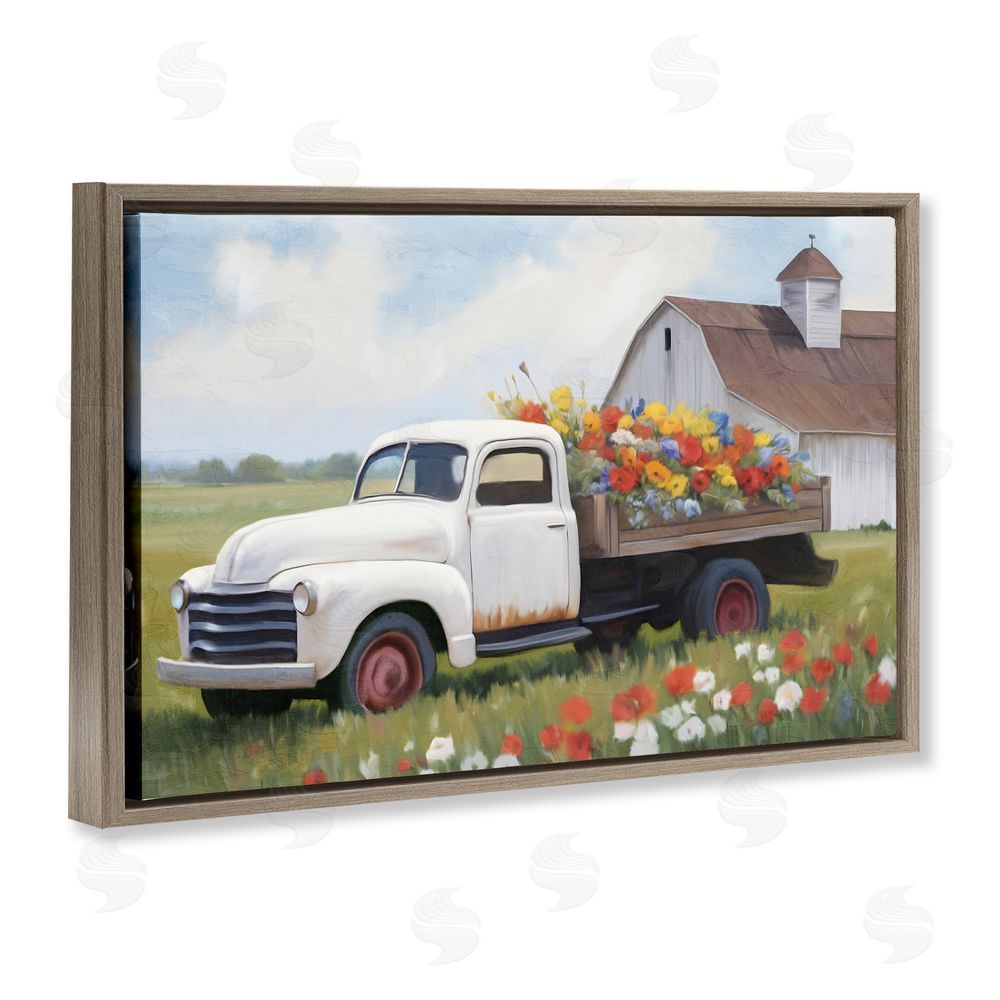 Kim Allen White Delivery Floral Truck Brown Floating Frame Canvas Wall Art Print