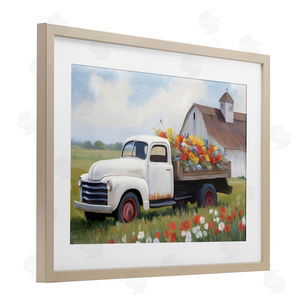 Kim Allen White Delivery Floral Truck Birch Framed Print Under Glass Wall Art