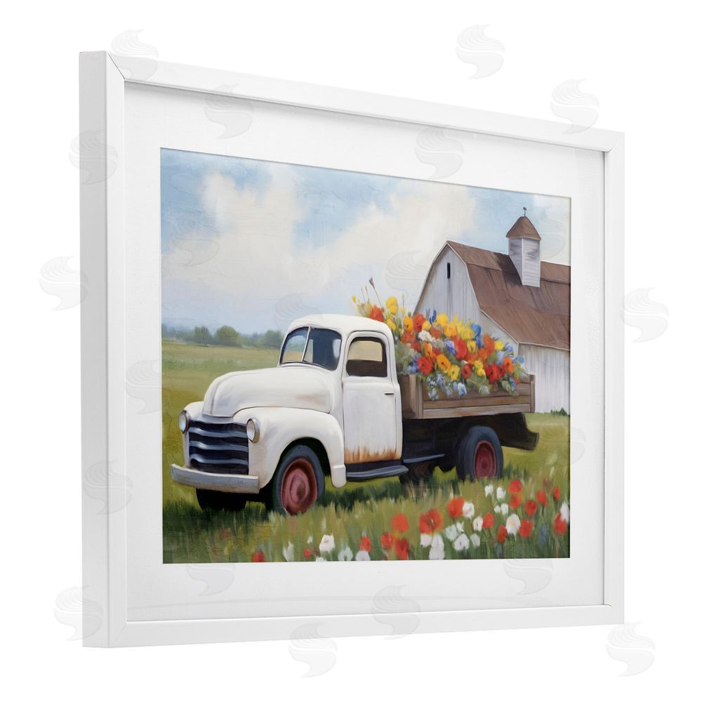 Kim Allen White Delivery Floral Truck White Framed Print Under Glass Wall Art