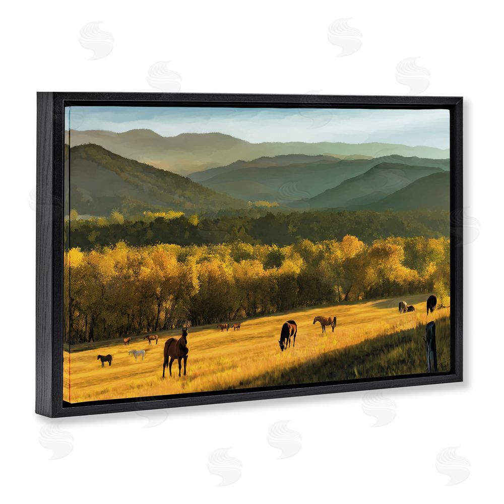 Renel Peters Grazing Horses in Valley Black Floating Frame Canvas Wall Art Print