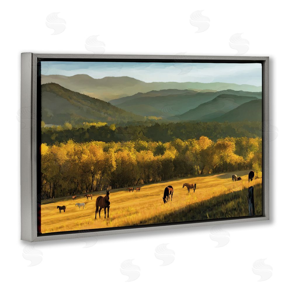 Renel Peters Grazing Horses in Valley Gray Floating Frame Canvas Wall Art Print