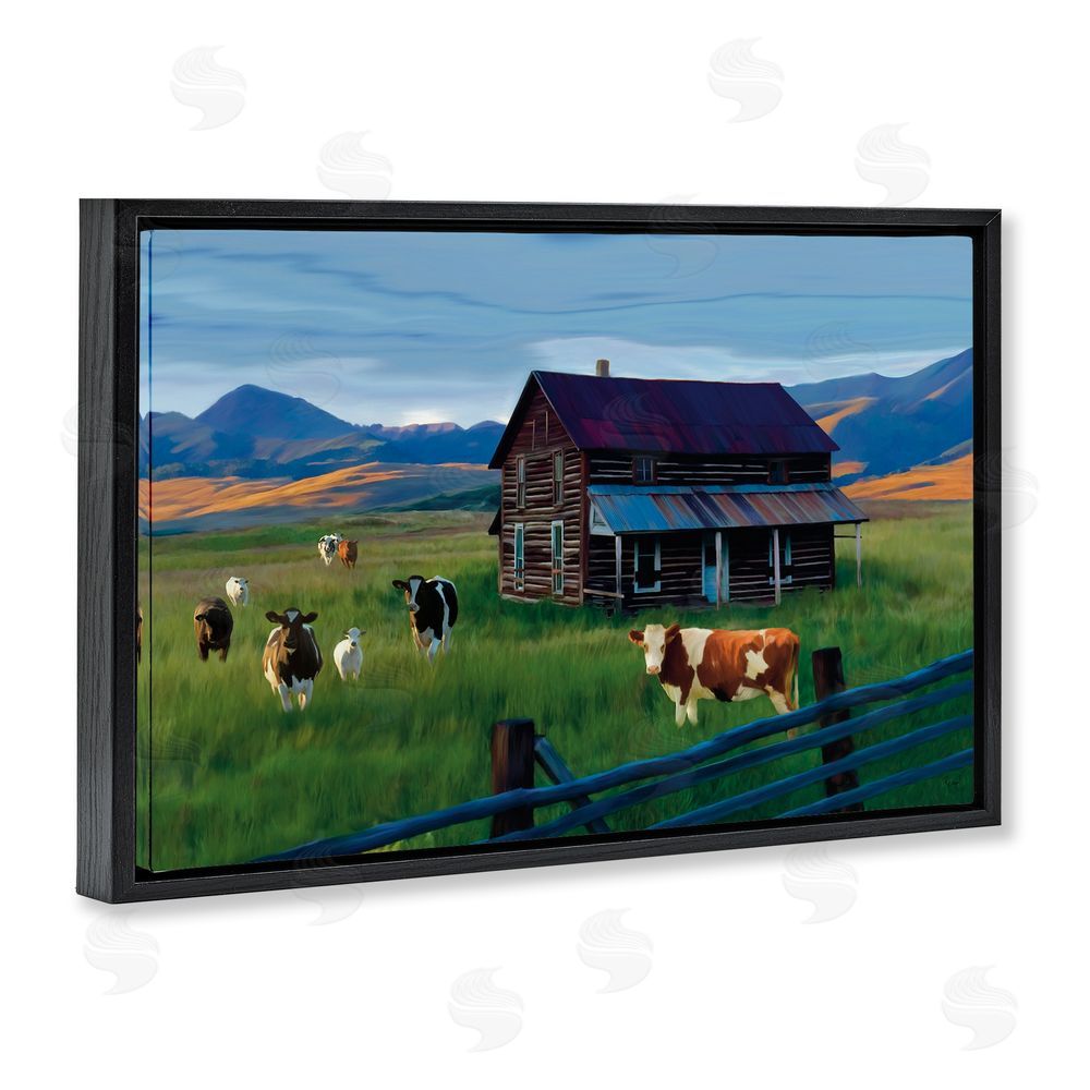 Renel Peters Grazing Cattle at Solitary Cabin Black Floating Frame Canvas Wall Art Print