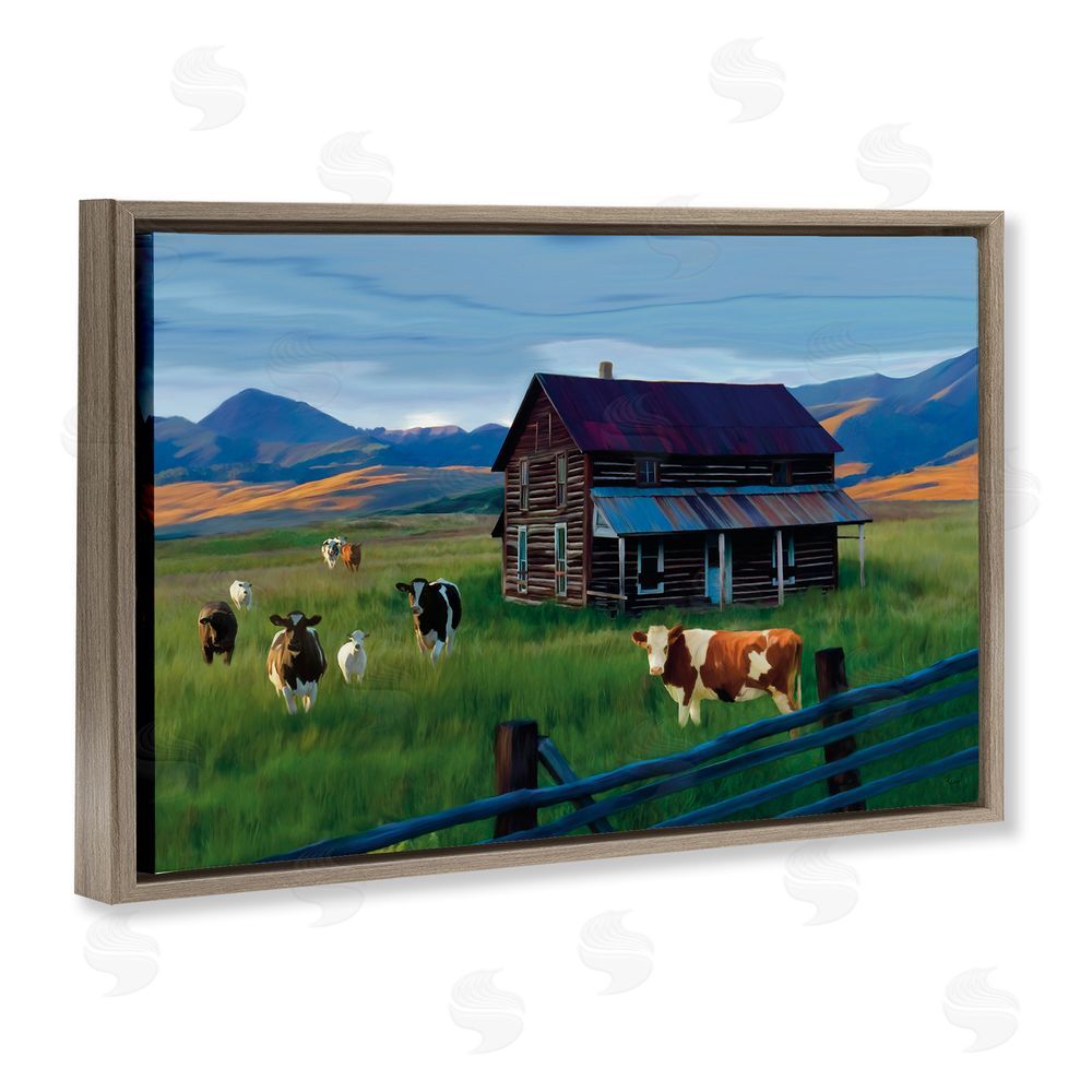 Renel Peters Grazing Cattle at Solitary Cabin Brown Floating Frame Canvas Wall Art Print