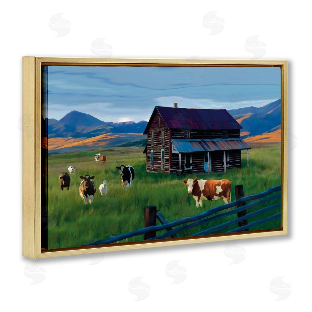 Renel Peters Grazing Cattle at Solitary Cabin Gold Floating Frame Canvas Wall Art Print
