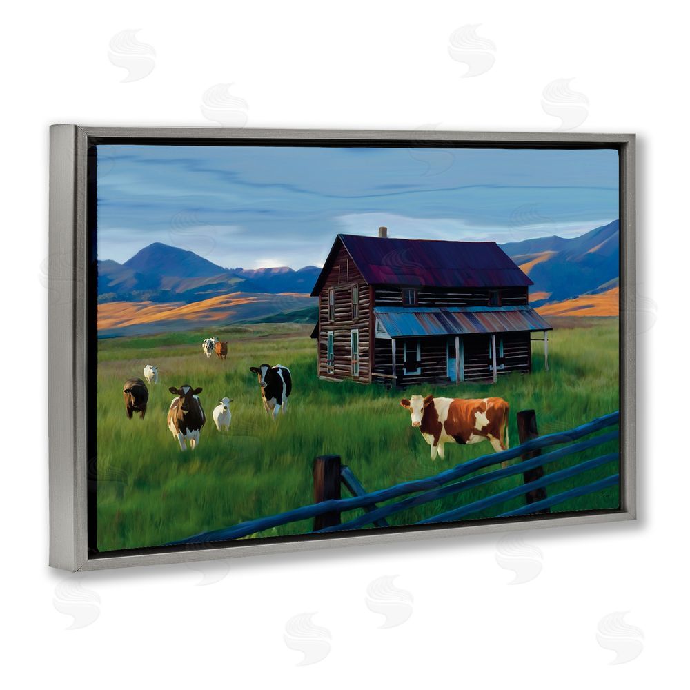 Renel Peters Grazing Cattle at Solitary Cabin Gray Floating Frame Canvas Wall Art Print