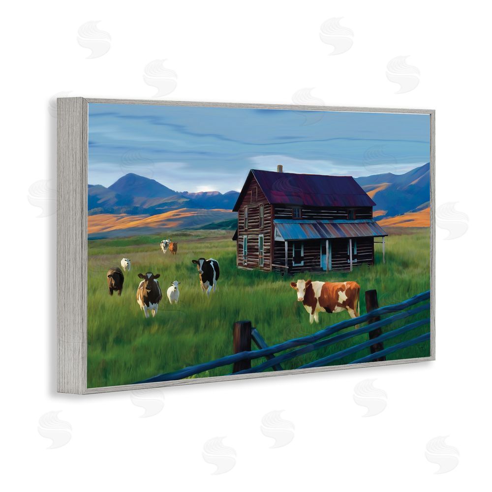 Renel Peters Grazing Cattle at Solitary Cabin Gray Framed Giclee Wall Art Print