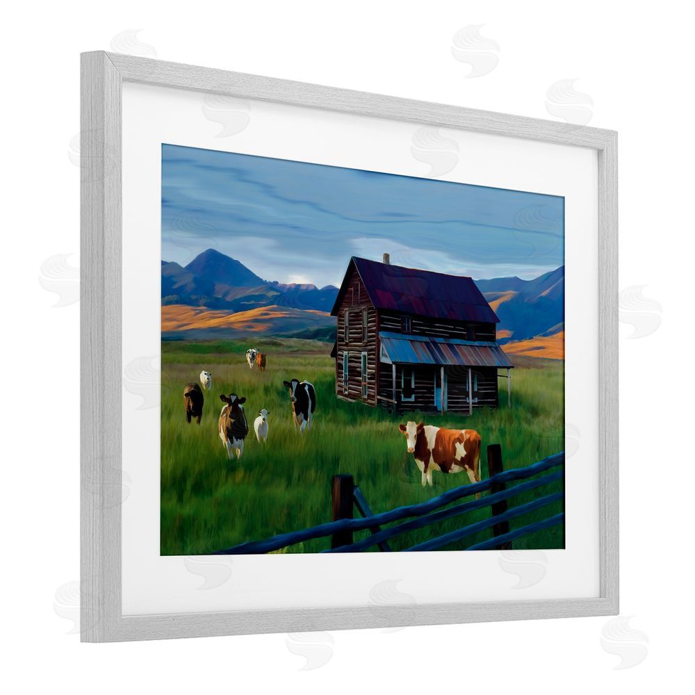 Renel Peters Grazing Cattle at Solitary Cabin Gray Framed Print Under Glass Wall Art