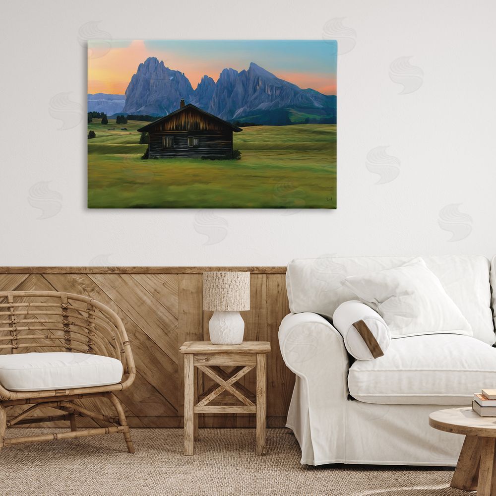 Renel Peters Solitary Cabin with Looming Cliffs Stretched Canvas Wall Art in Room