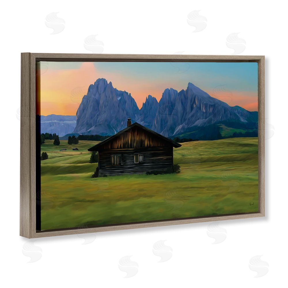 Renel Peters Solitary Cabin with Looming Cliffs Brown Floating Frame Canvas Wall Art Print