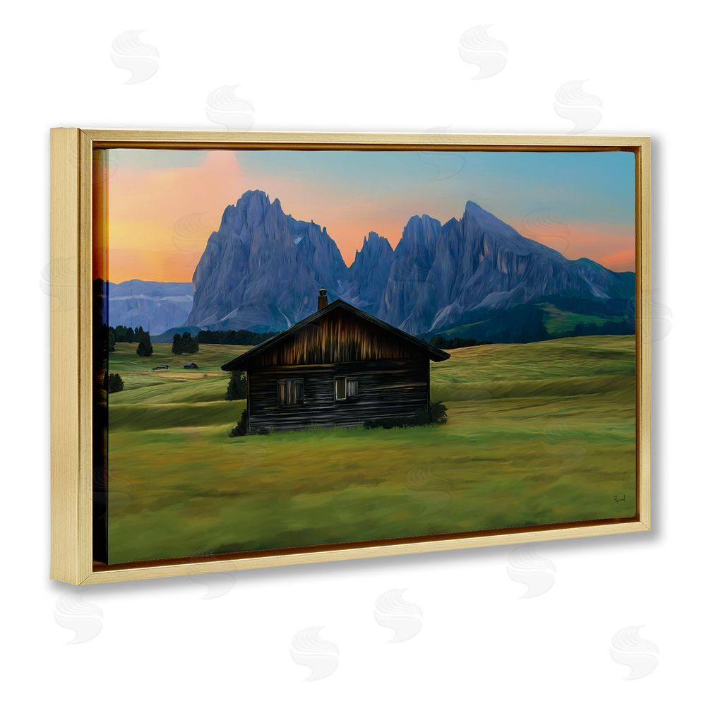 Renel Peters Solitary Cabin with Looming Cliffs Gold Floating Frame Canvas Wall Art Print