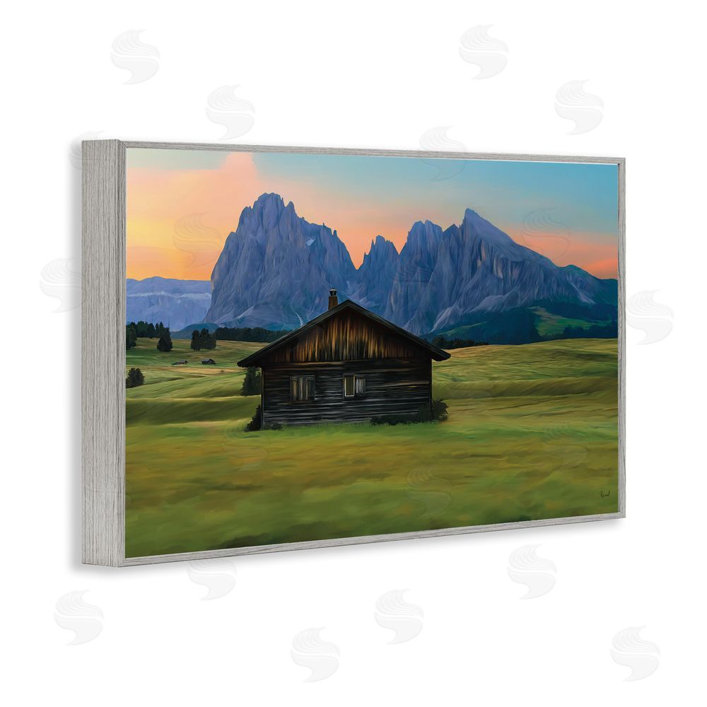 Renel Peters Solitary Cabin with Looming Cliffs Gray Framed Giclee Wall Art Print