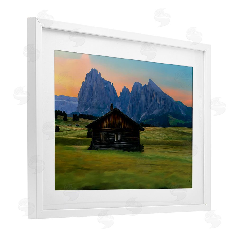Renel Peters Solitary Cabin with Looming Cliffs White Framed Print Under Glass Wall Art