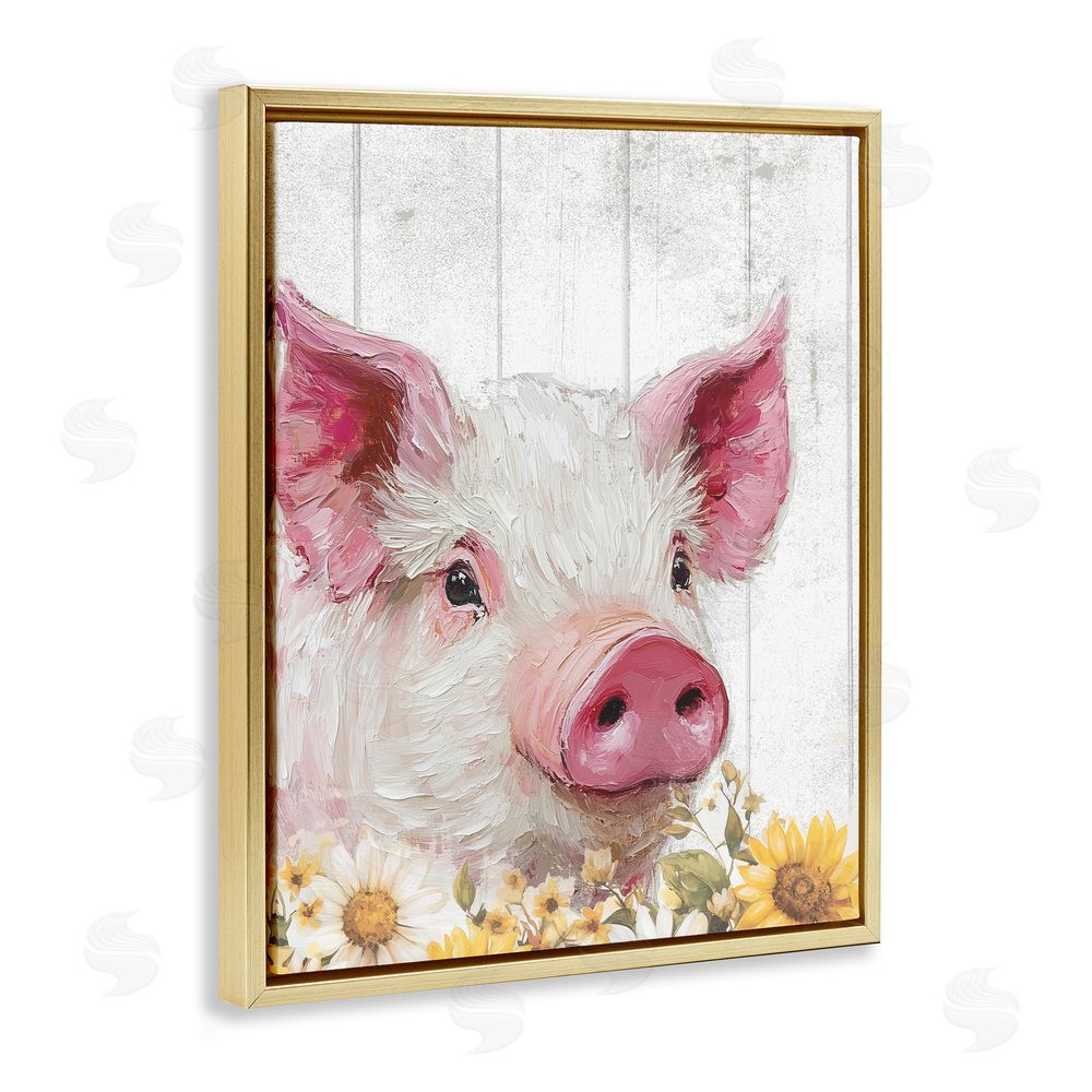 Christine Simpson Art Pig and Sunflowers Gold Floating Frame Canvas Wall Art Print