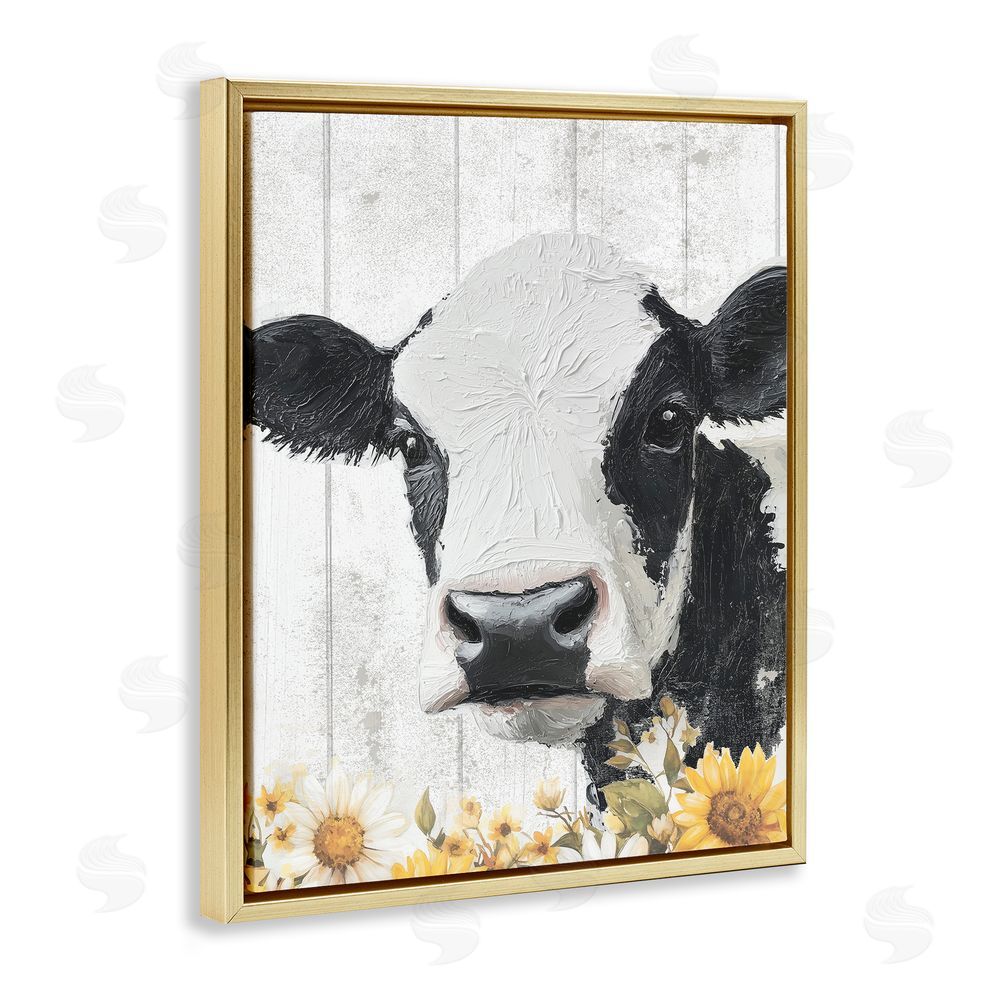 Christine Simpson Art Cow and Sunflowers Gold Floating Frame Canvas Wall Art Print