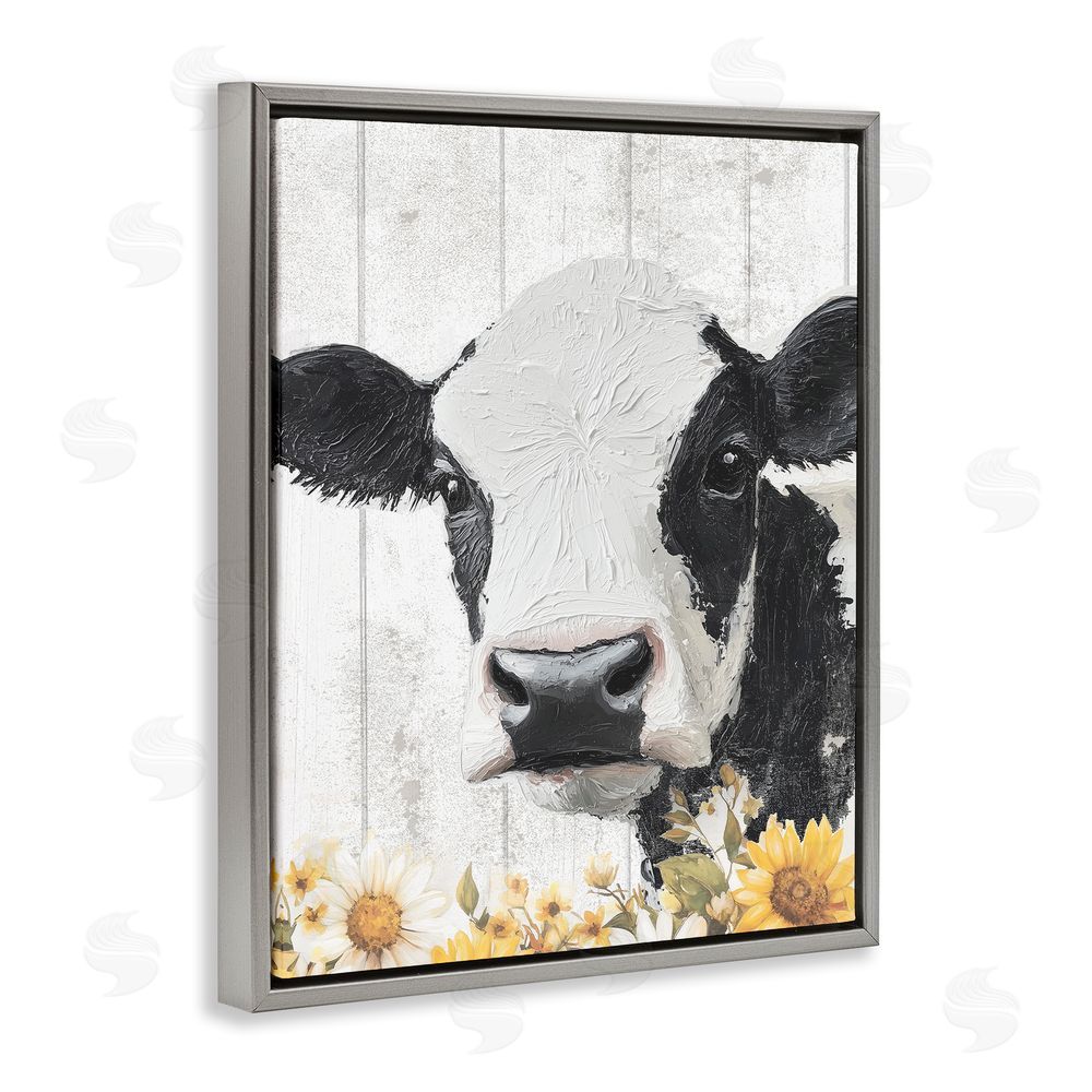 Christine Simpson Art Cow and Sunflowers Gray Floating Frame Canvas Wall Art Print