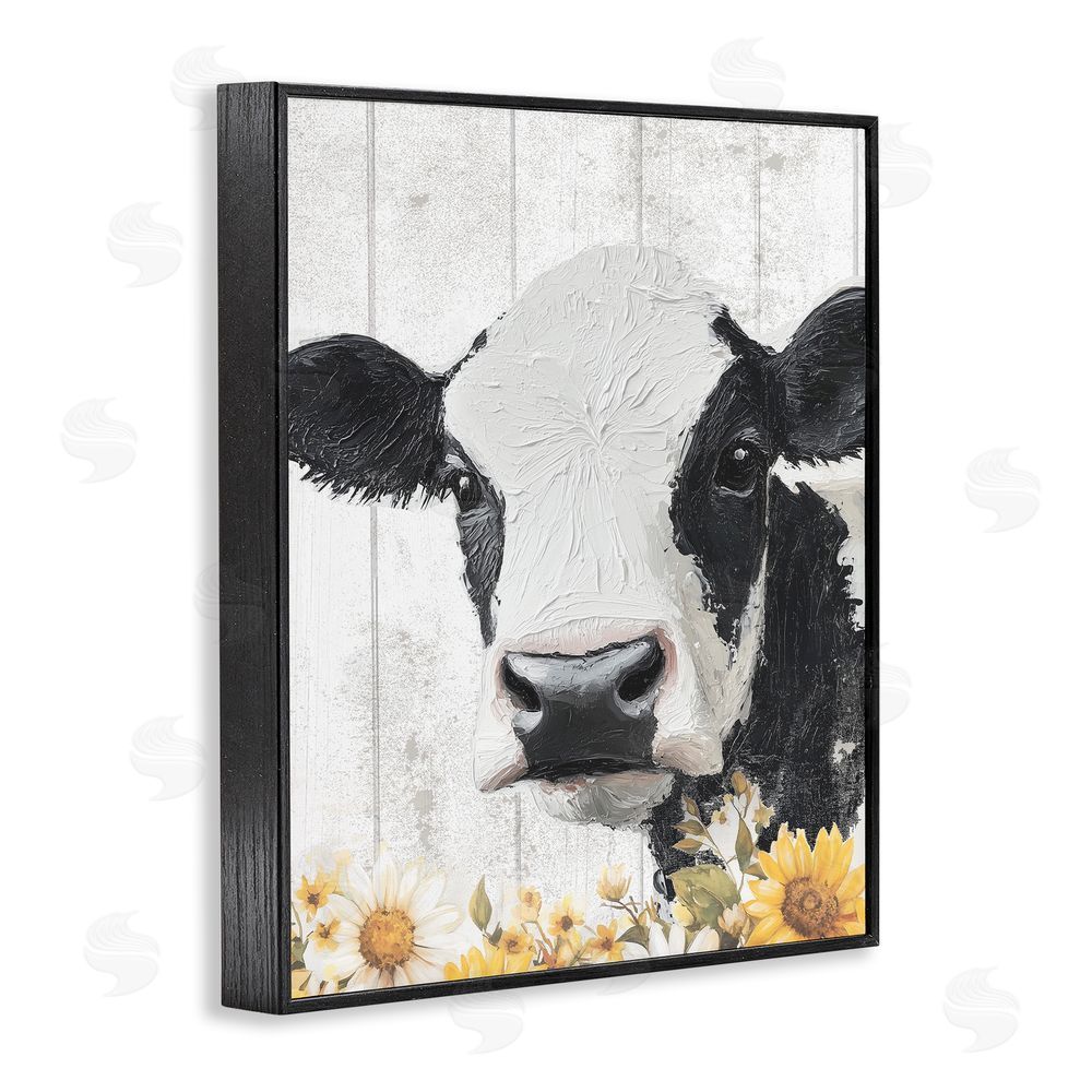 Christine Simpson Art Cow and Sunflowers Black Framed Giclee Wall Art Print