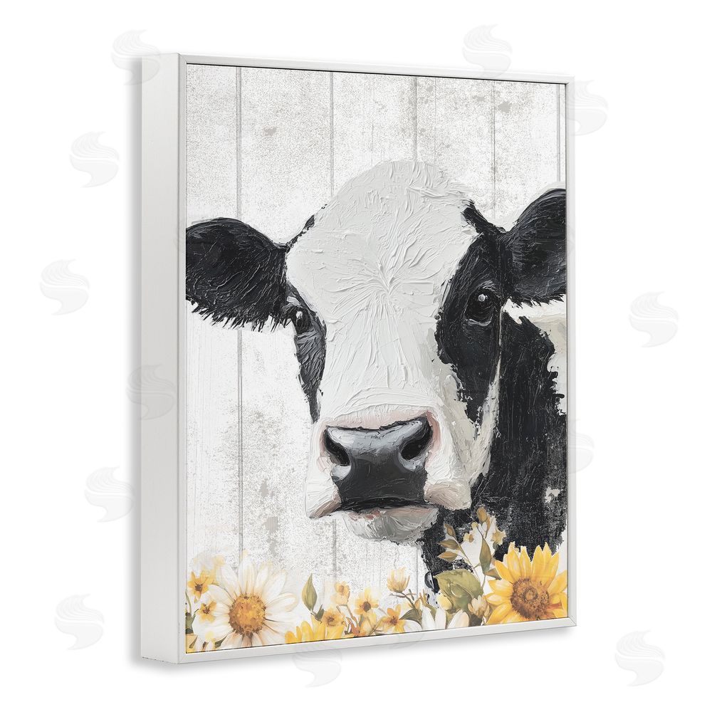 Christine Simpson Art Cow and Sunflowers White Framed Giclee Wall Art Print