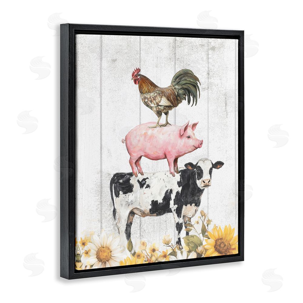 Christine Simpson Art Farm Animal Stack and Sunflowers Black Floating Frame Canvas Wall Art Print