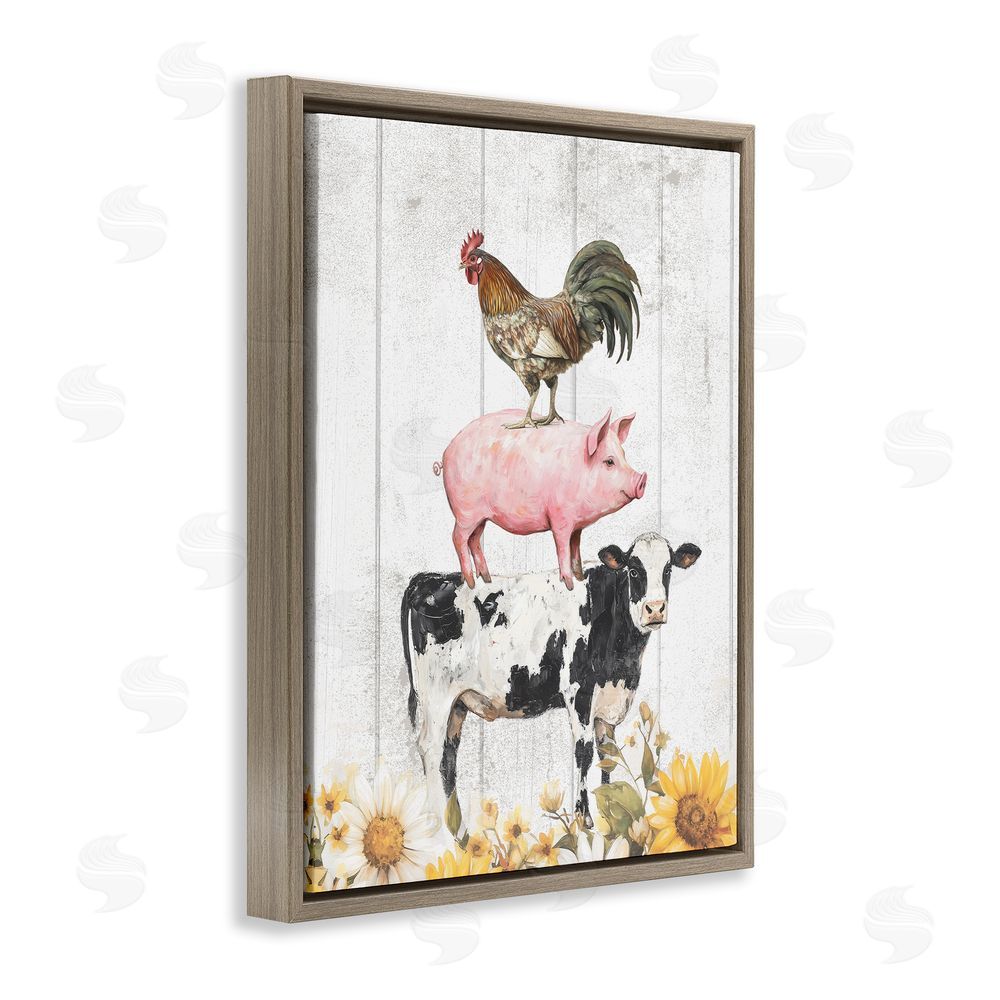 Christine Simpson Art Farm Animal Stack and Sunflowers Brown Floating Frame Canvas Wall Art Print