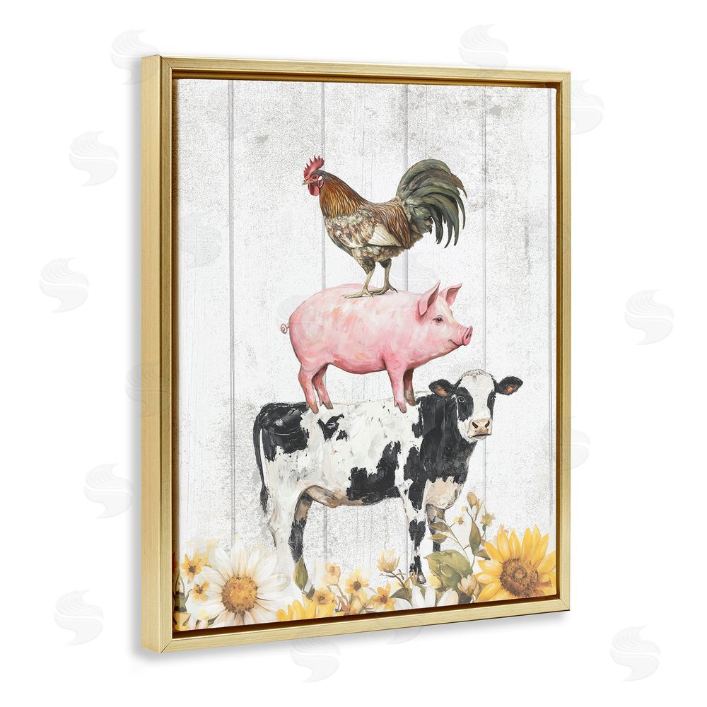 Christine Simpson Art Farm Animal Stack and Sunflowers Gold Floating Frame Canvas Wall Art Print
