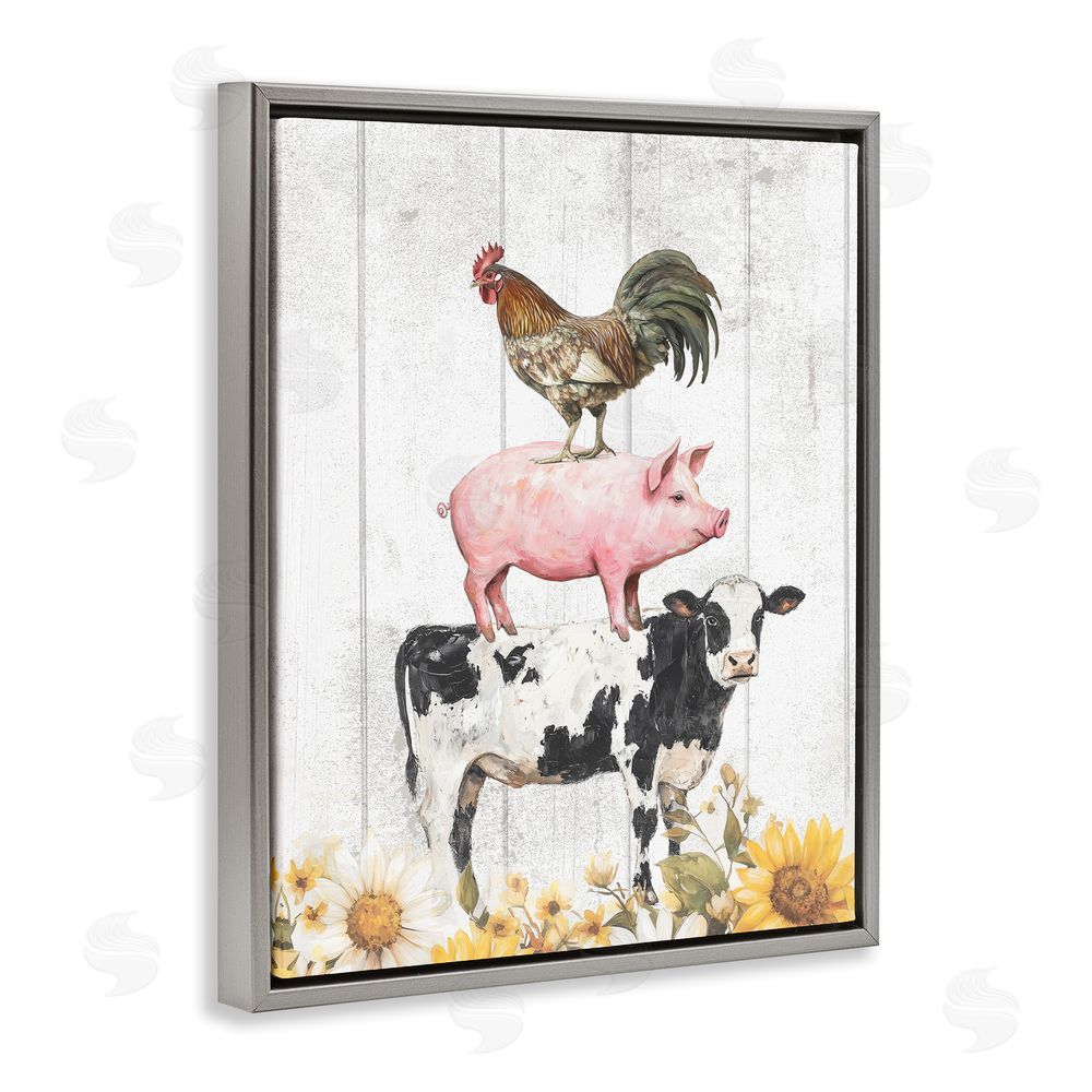 Christine Simpson Art Farm Animal Stack and Sunflowers Gray Floating Frame Canvas Wall Art Print