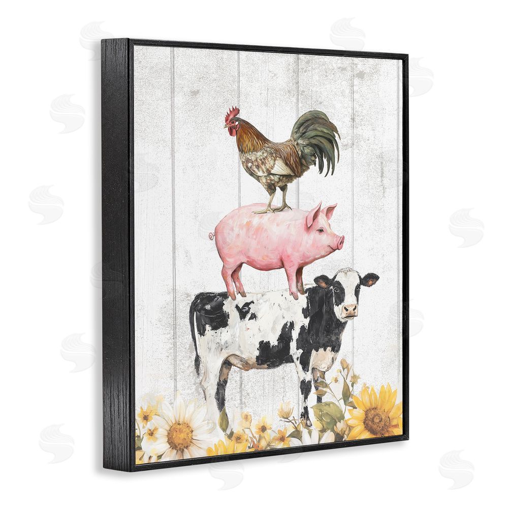 Christine Simpson Art Farm Animal Stack and Sunflowers Black Framed Giclee Wall Art Print