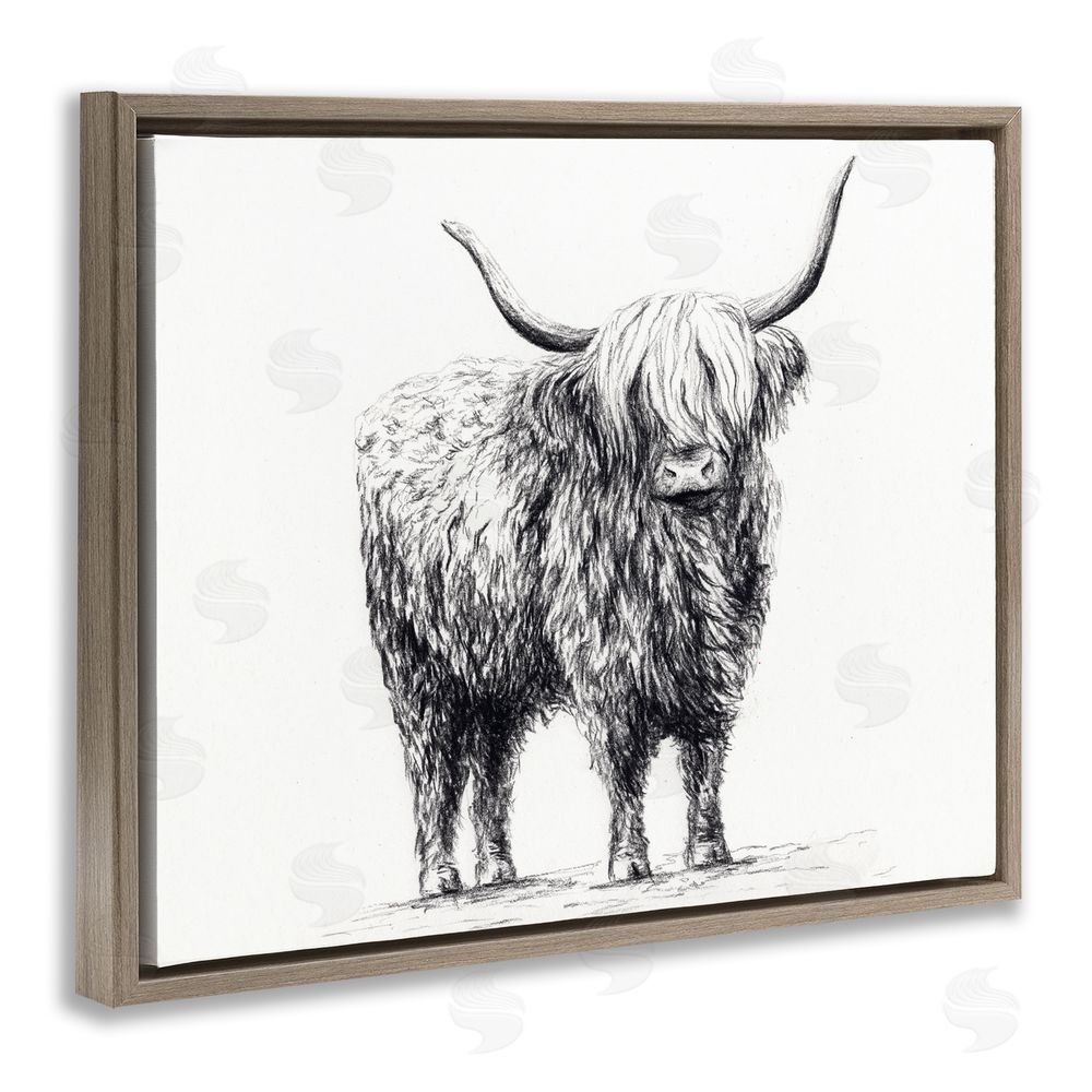 Leah Noel Art Highland Cow in Charcoal Brown Floating Frame Canvas Wall Art Print