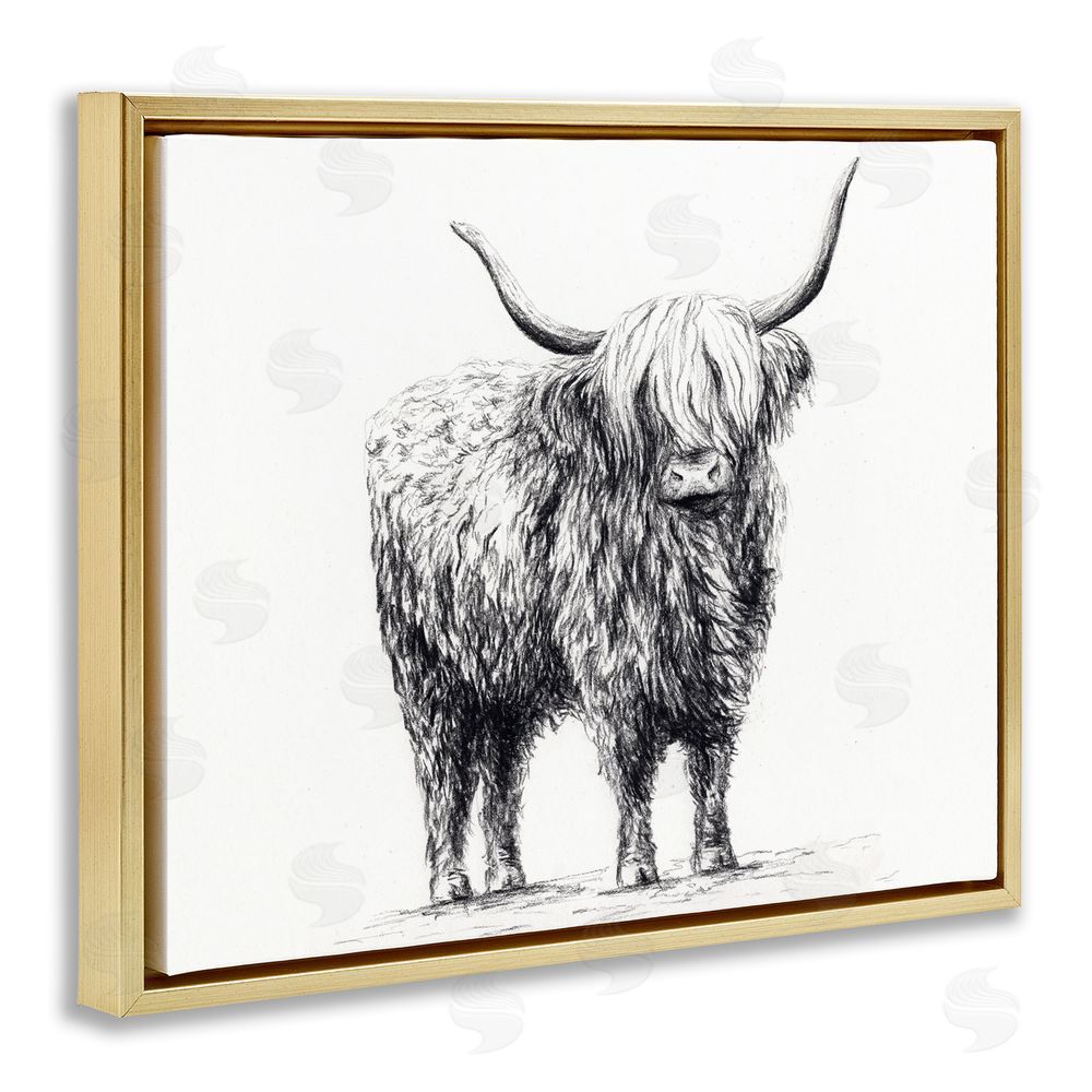 Leah Noel Art Highland Cow in Charcoal Gold Floating Frame Canvas Wall Art Print