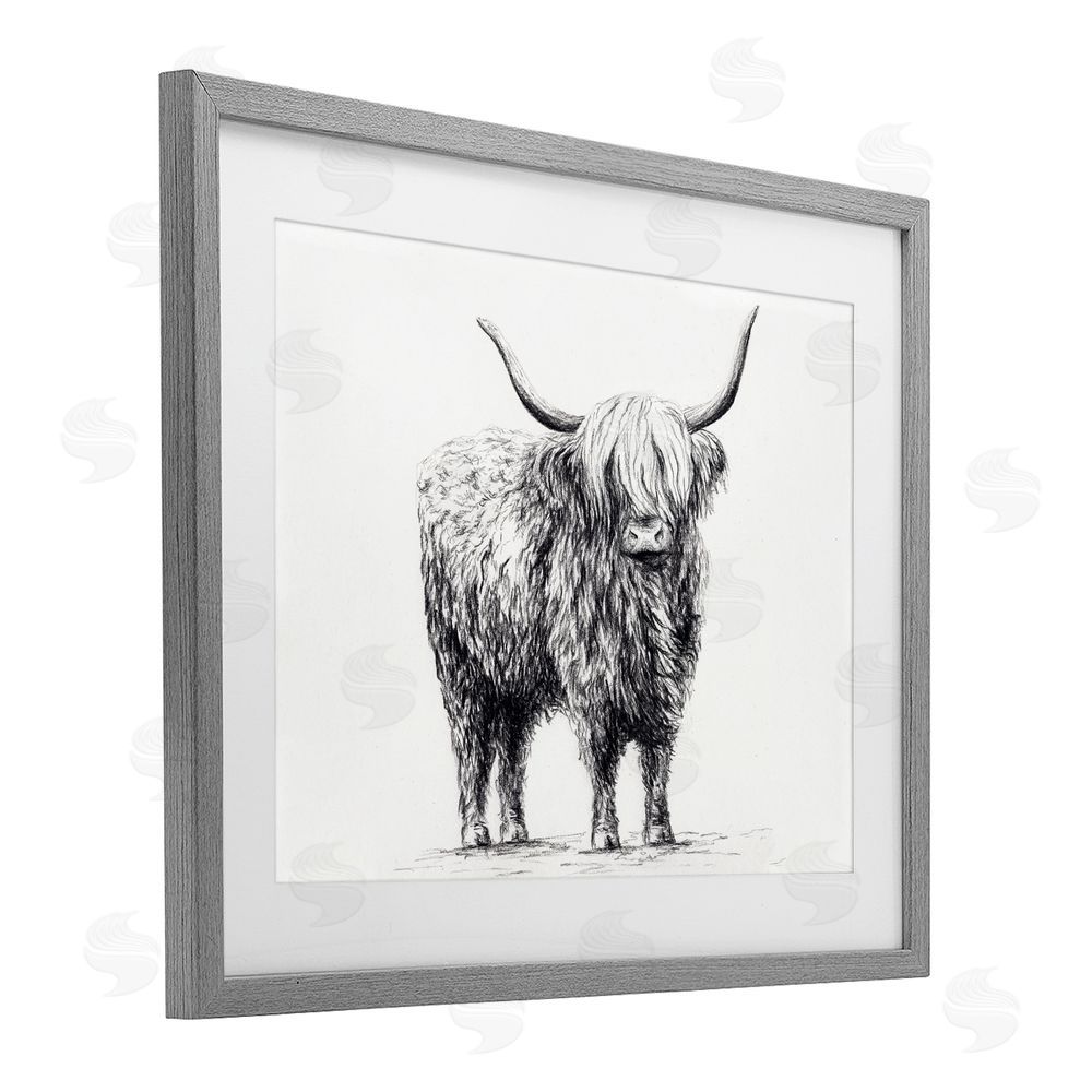 Leah Noel Art Highland Cow in Charcoal Gray Framed Print Under Glass Wall Art