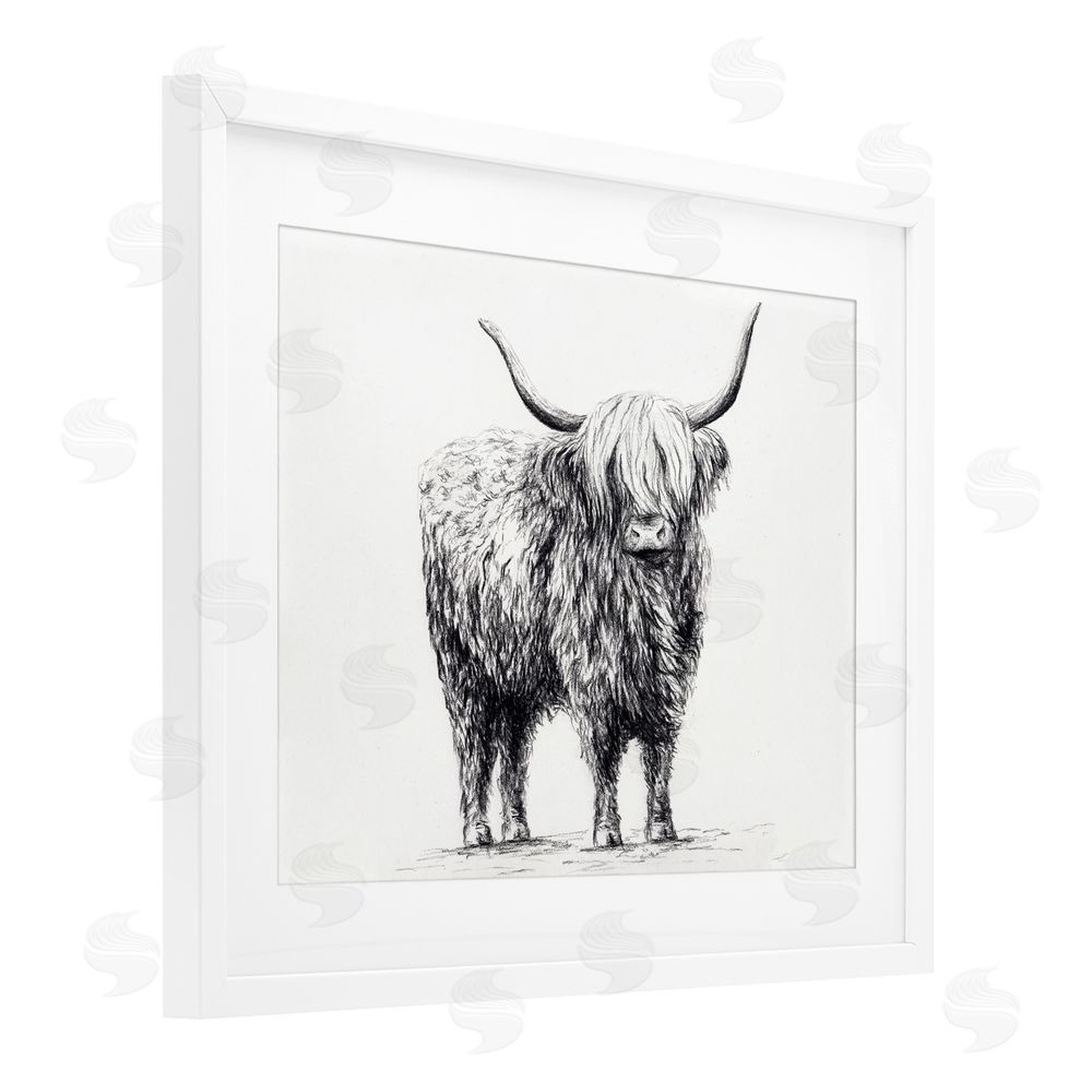 Leah Noel Art Highland Cow in Charcoal White Framed Print Under Glass Wall Art