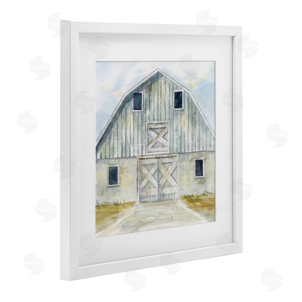 Patti Bishop Blue Gray Barn White Framed Print Under Glass Wall Art