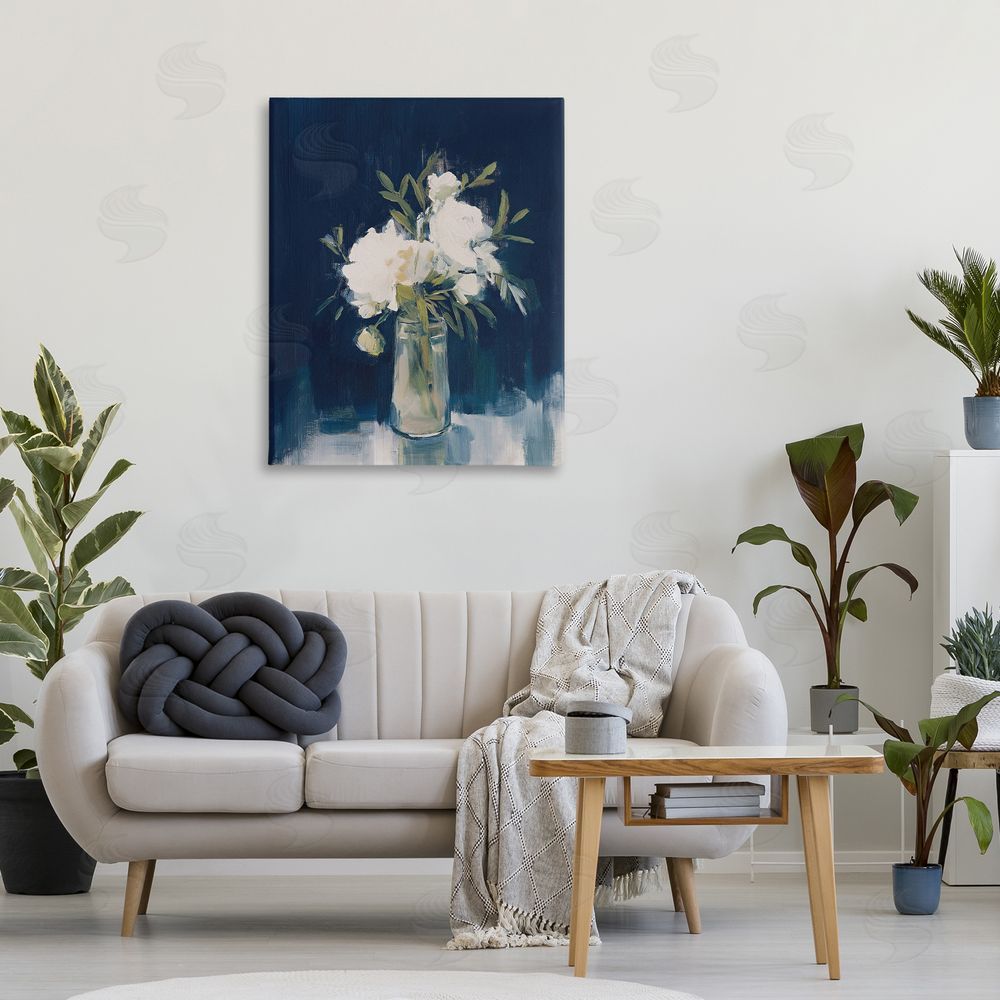 Svetlana Aleynikova Peonies On Blue Mirage Canvas Wall Art Print in Room