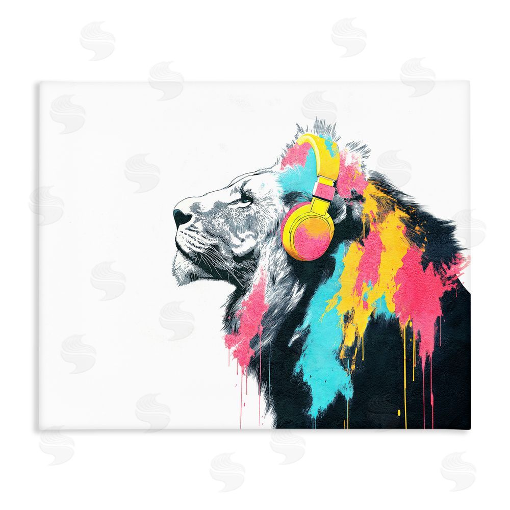 Svetlana Aleynikova Lion On Air Headphones Stretched Canvas Wall Art Print