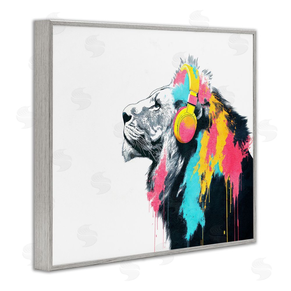 Svetlana Aleynikova Lion On Air Headphones Gray Framed Giclee Wall Art Print