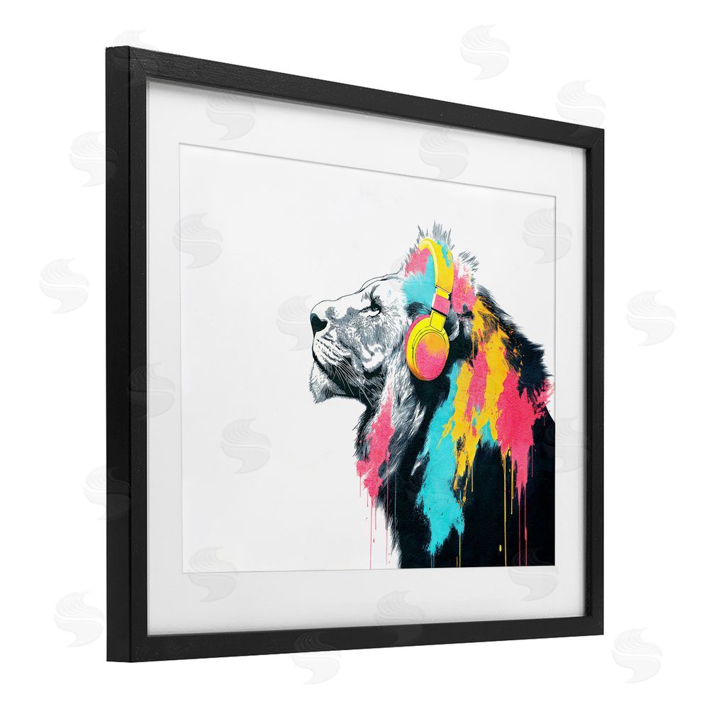 Svetlana Aleynikova Lion On Air Headphones Black Framed Print Under Glass Wall Art